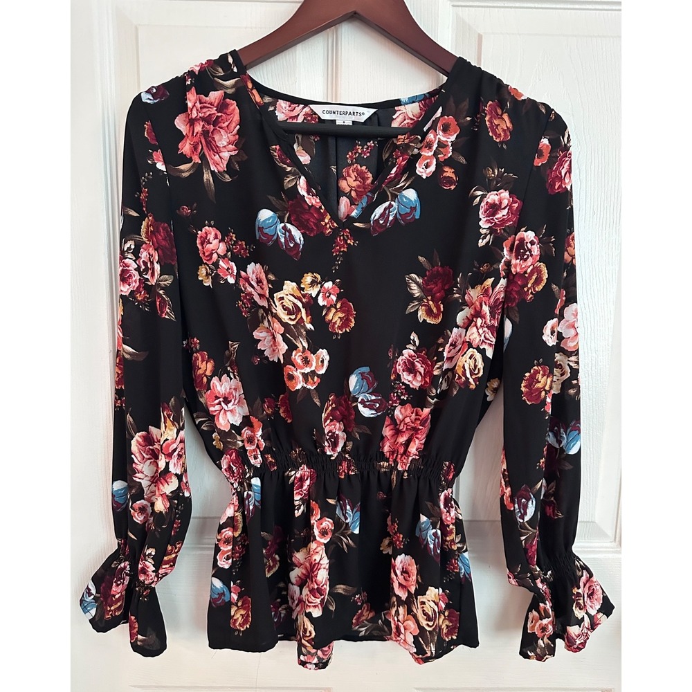 Black Floral Blouse S Romantic Boho Peplum Bell Sleeve Cottagecore Dark Academia - Picture 2 of 7